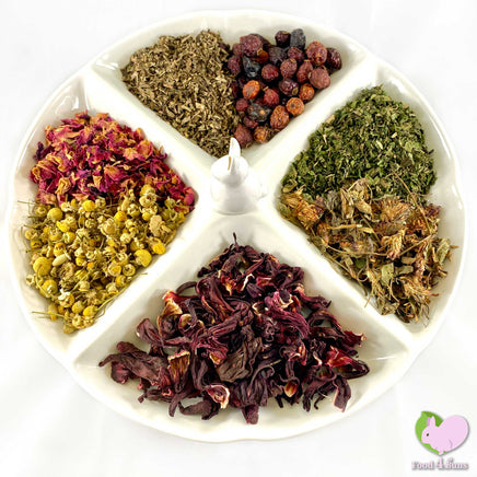 Chin Flower Power mix, flowers and herbs, rosehips, chamomile, rosebuds, hibiscus, red clover, plantain, nettle leaves for rabbits, guinea pigs, chinchillas, hamsters, degus and gerbils.