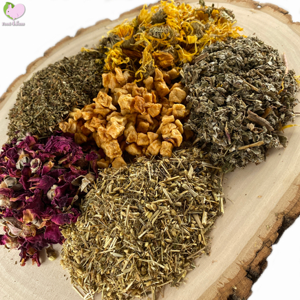 self dried dandelions, yarrow flowers, calendulas, marigold, rosebuds, apple slices, raspberry leaves, rosebuds, strawberry leaves, rabbit, bunny, guinea pig, chinchilla, hamster