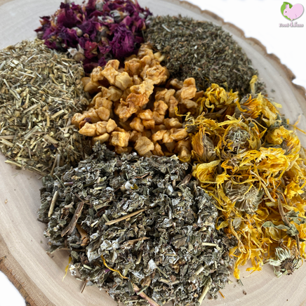 self dried dandelions, yarrow flowers, calendulas, marigold, rosebuds, apple slices, raspberry leaves, rosebuds, strawberry leaves, rabbit, bunny, guinea pig, chinchilla, hamster