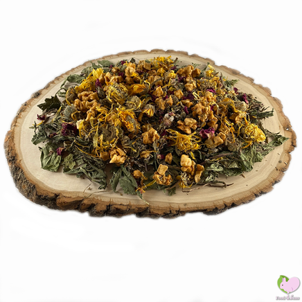self dried dandelions, yarrow flowers, calendulas, marigold, rosebuds, apple slices, raspberry leaves, rosebuds, strawberry leaves, rabbit, bunny, guinea pig, chinchilla, hamster