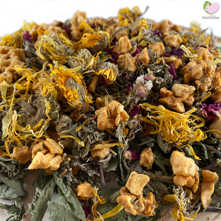 self dried dandelions, yarrow flowers, calendulas, marigold, rosebuds, apple slices, raspberry leaves, rosebuds, strawberry leaves, rabbit, bunny, guinea pig, chinchilla, hamster