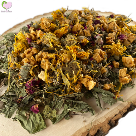 self dried dandelions, yarrow flowers, calendulas, marigold, rosebuds, apple slices, raspberry leaves, rosebuds, strawberry leaves, rabbit, bunny, guinea pig, chinchilla, hamster