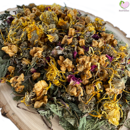 self dried dandelions, yarrow flowers, calendulas, marigold, rosebuds, apple slices, raspberry leaves, rosebuds, strawberry leaves, rabbit, bunny, guinea pig, chinchilla, hamster