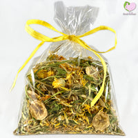 The Spring Mix with self dried Dandelions and banana chips, Calendulas, Chamomile, Chickweed and Yarrow Flowers for rabbits, guinea pigs, chinchillas, hamsters, degus and gerbils