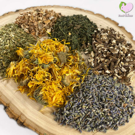 The Shire Mix with Birch Bark, Calendulas, Dandelion Root, Lavender, Nettles, Shepards Purse for rabbits, guinea pigs, chinchillas, hamsters, degus and gerbils